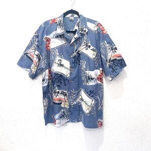 Casual Blue and Red Button Down Shirt island Motifs XL